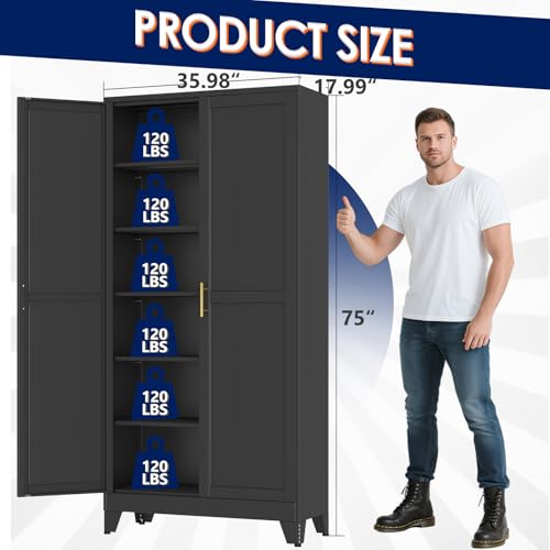 erosoei 75" H Large Metal Garage Storage Cabinet, Black Metal Pantry Cabinet with 2 Doors, Locker Steel Cabinet with 5 Adjustable Shelves, Freestanding Cupboard for Garage,Office,Home,Gym,School - color: Black, size: 75"Large -NCasNLck