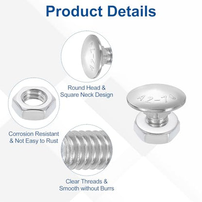 uxcell 10 Set Carriage Bolts and Nuts Kit, M8-1.25x16 Stainless Steel 304 Round Head Square Neck Carriage Bolts Screw and Hex Nuts and Flat Washers - Silver - size: M8-1.25x16mm