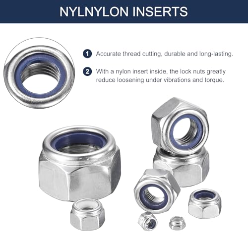uxcell 20Pcs #10-24 Nylon Insert Hex Lock Nuts, 304 Stainless Steel Self-Locking Nylon Insert Stop Nut for Industrial Construction Fasteners, Silver & White - size: #10-24