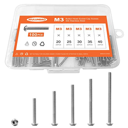 M3 x 20mm 25mm 30mm 35mm 40mm Button Head Socket Cap Screws Bolts, 304 Stainless Steel, Machine Fully Threaded, Metric Allen Hex Drive, Bright Finish, Assortment Kit 100PCS - size: M3 x 20/25/30/35/40mm (100PCS)