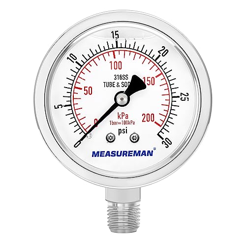 MEASUREMAN Fully Stainless Steel Hydraulic Glycerin Filled Pressure Gauge, 2-1/2" Dial Size,0-30psi/kpa,1/4" NPT Lower Mount - size: 0-30 psi, style: Lower Mount(100% Stainless Steel)