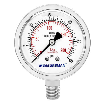 MEASUREMAN Fully Stainless Steel Hydraulic Glycerin Filled Pressure Gauge, 2-1/2" Dial Size,0-30psi/kpa,1/4" NPT Lower Mount - size: 0-30 psi, style: Lower Mount(100% Stainless Steel)