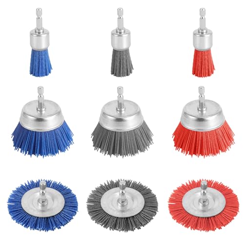 NQEUEPN 9pcs Nylon Wire Wheel & Cup Brush Set for Drill, 3 Sizes Abrasive Brush with 1/4in Hex Shank for Cleaning Sanding Drill Scrub Brush Attachment Remove Paint 80/100/240 Grit, Blue