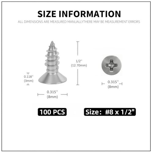 #8 x 1/2 [100 Pack] Flat Head Phillips Drive Self Tapping Screws, Sheet Metal Screws, 304 Stainless Steel (18-8), Corrosion Resistant Screws for Wood, Sheet Metal and More - size: #8 x 1/2