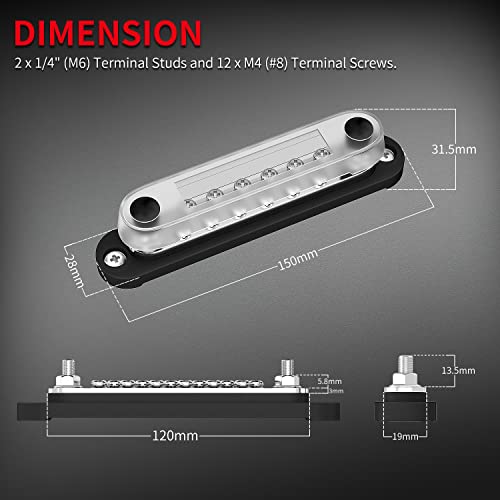 DaierTek 12V Power Distribution Block 2 x 1/4" (M6) Terminal Studs 12 x M4 (#8) Terminal Screws Battery Bus Bar Terminal Block Max 48V Positive & Negative Busbar for Automotive Car Boat - color: 150A-T2M6S12