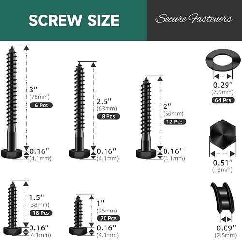 128Pcs 1/4" Hex Head Lag Screws, 304 Stainless Steel Wood Screws with Washers Kit with Socket, Black Oxided 1/4 Lag Bolts for Outdoor Woodworking - color: Black, size: 1/4 Kit