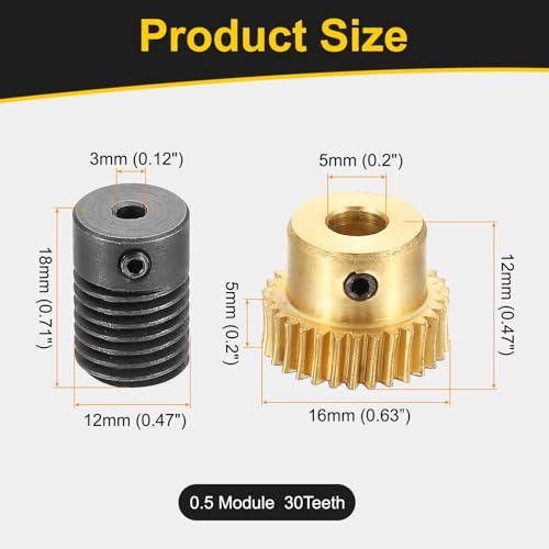 uxcell Worm Gear Set 30T 0.5 Module 1:30 Reduction Rate, Right Rotation Drive Gear Box Wheel Reduce Transmission Part (Brass Gear-5mm Bore, 1045 Steel Rod 3mm Bore) - size: Gear-5mm, Rod-3mm Bore, style: 0.5M-30T