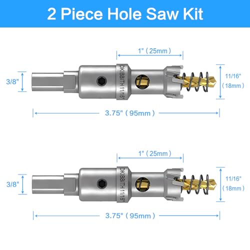 DKIBBITH TCT Hole Saw Set, 2-Pack 11/16" (18mm) Heavy Duty Tungsten Carbide Tipped Hole Cutters for Stainless Steel, Copper, Iron, Brass, Plastic with Titanium-Plated Pilot Drill Bits - size: 11/16"(18mm)
