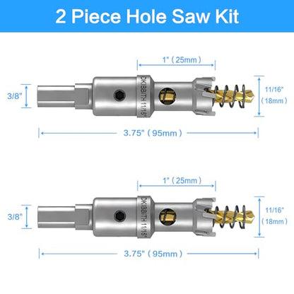 DKIBBITH TCT Hole Saw Set, 2-Pack 11/16" (18mm) Heavy Duty Tungsten Carbide Tipped Hole Cutters for Stainless Steel, Copper, Iron, Brass, Plastic with Titanium-Plated Pilot Drill Bits - size: 11/16"(18mm)