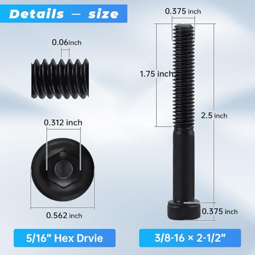 Glvaner 3/8"-16 x 2-1/2" (10 pcs) Socket Head Cap Screws, 12.9 Grade Alloy Steel, Black Oxide Finish, Partial Thread UNC, Allen Hex Drive - size: 3/8-16 x 2-1/2"