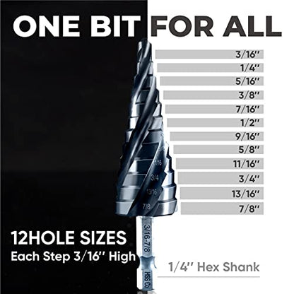 toolant M35 Cobalt Step Drill Bit, 3/16"-7/8", TiAlN, 1/4" Hex Shank - size: 3/16" - 7/8"