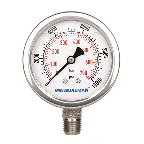 MEASUREMAN 2-1/2" dial,Glycerin Filled Hydraulics Pressure Gauge Stainless Steel case, 316 SS Wetted Part, 0-10000psi/bar1/4 NPT,Lower Mount - size: 0-10000 psi, style: Lower Mount(100% Stainless Steel)
