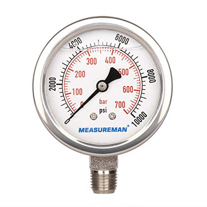 MEASUREMAN 2-1/2" dial,Glycerin Filled Hydraulics Pressure Gauge Stainless Steel case, 316 SS Wetted Part, 0-10000psi/bar1/4 NPT,Lower Mount - size: 0-10000 psi, style: Lower Mount(100% Stainless Steel)