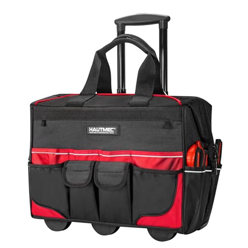 HAUTMEC 18" Rolling Tool Bag with Wheels, Heavy-Duty Water-Resistant Tool Bag Organizer with 23-Pocket, Wide-Mouth Design, Oversized Wheels & Telescoping Handle - HT0059 - color: 18-Inch | Black