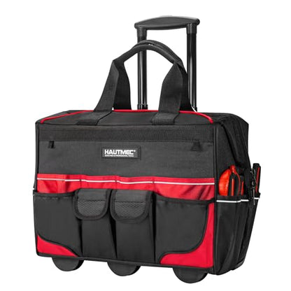 HAUTMEC 18" Rolling Tool Bag with Wheels, Heavy-Duty Water-Resistant Tool Bag Organizer with 23-Pocket, Wide-Mouth Design, Oversized Wheels & Telescoping Handle - HT0059 - color: 18-Inch | Black
