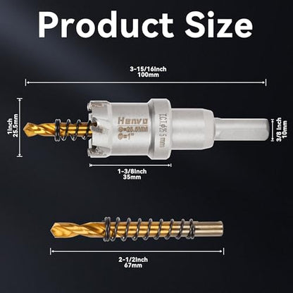 Hole Saw 1" (25.5mm) Heavy Duty Carbide with 2 Pilot Drill Bits - Metal Hole Cutter Cuts Stainless Steel, Iron, Copper, Brass, Plastic - size: 25.5mm|1"