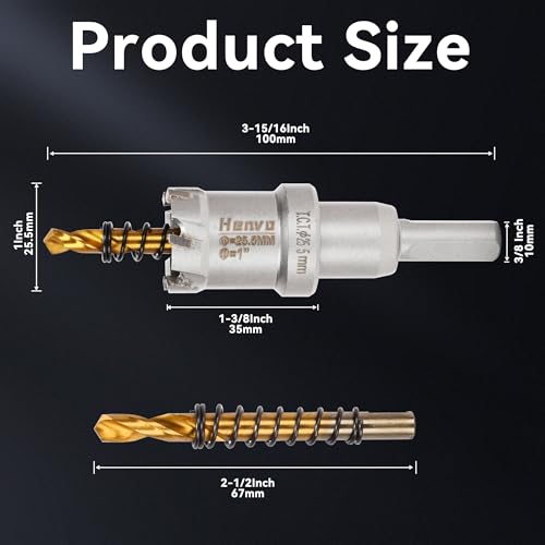 Hole Saw 1" (25.5mm) Heavy Duty Carbide with 2 Pilot Drill Bits - Metal Hole Cutter Cuts Stainless Steel, Iron, Copper, Brass, Plastic - size: 25.5mm|1"