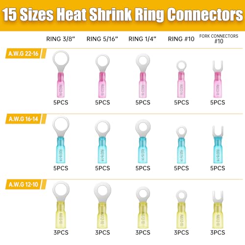 65PCS Marine Grade Heat Shrink Wire Connectors-Electrical Connectors Kit of Tinned Red Copper,Crimp Insulated Ring Fork Spade Butt Splice AWG22-16 16-14 12-10 Gauge (65pcs Kit, AWG 22-10) - size: AWG 22-10, style: 65pcs Kit