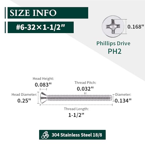 #6-32 x 1-1/2" Flat Countersunk Head Machine Screws, Phillips Drive, 304 Stainless Steel 18-8, Full Thread, Coarse Thread UNC, 50 PCS - size: #6-32 x 1-1/2"