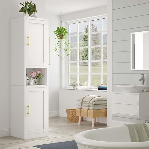 67" Tall Narrow Bathroom Storage Cabinet, Metal Pantry Cabinet, White - color: White, size: 11.81"D x 15.75"W x 67"H