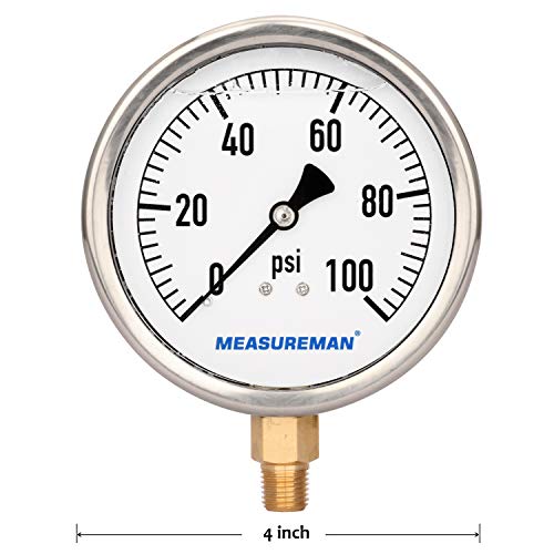 MEASUREMAN 4" Dial Size, Glycerin Filled Plumbing Pressure Gauge, 0-100psi, Stainless Steel Case, 1/4" NPT Lower Mount - size: 0-100psi