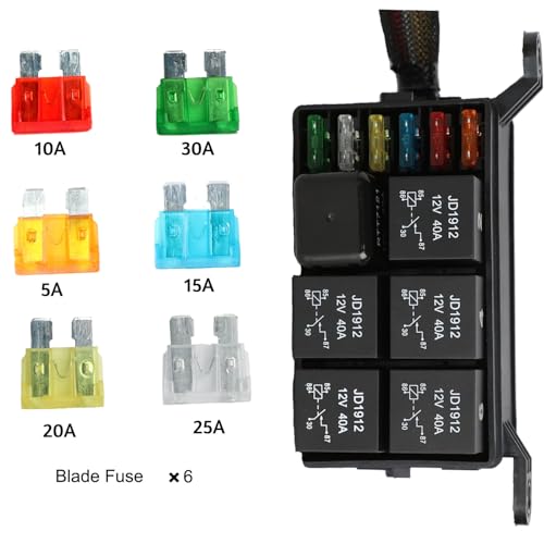 Pre-Wired 12V Fuse Relay Box,6-Way Power Distribution Block with 5 High-Power 4-Pin 40A Relays and 1 Standard Fused Circuit,Heavy-Duty Relay Panel for Trucks & Fleet Vehicles - size: RY05F06