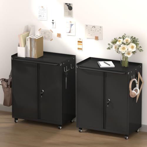 Garage Storage Cabinet with Wheels, Black Storage Cabinet with Adjustable Shelves, Rolling Cabinet with Dual-Side Pegboard, Tool Cabinets for Garage, Basement, Home Office - color: 32"h - Black