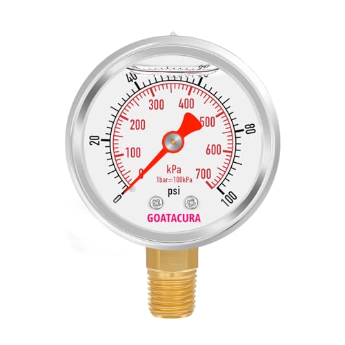 0-100psi/kpa Glycerin Filled Pressure Gauge, 2" Dial Size, 304 Stainless Steel Case, 1/4" NPT Lower Mount, with High Accuracy, for Measuring Water Air Hydraulic Pressure - size: 0-100psi, style: Lower Mount