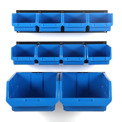 Wallmaster 10-Bin Wall Mounted Plastic Storage Bins Hanging Organizer Bins - color: Blue, size: 10Bins+3Rails