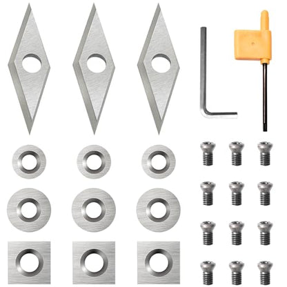 27pcs Carbide Lathe Tools,Tungsten Cutters Inserts Set for Wood Lathe Turning Tools, Include 11 mm Square with Radius, 12 mm and 8.9 mm Round, 30 x 10 mm Diamond, Screwdriver,Screws - size: 27pcs