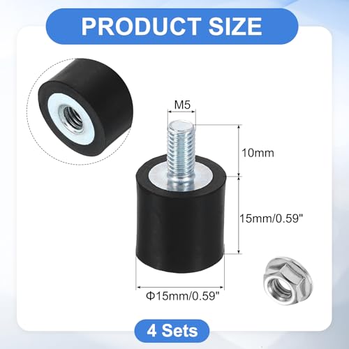 uxcell M5 Rubber Mounts, 4Pcs 15x15mm(DxH) Rubber Cylindrical Anti Vibration Isolator Shock Absorber with Lock Nut for Car Bobbin Generator Air Compressors - size: M5x10mm, 15x15mm Rubber