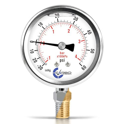 Compound Pressure Gauge -30 inHg to 60 PSI, Liquid Filled, 2.5" Dial, 1/4 NPT Lower Mount, 304 Stainless Steel Case, Brass Wetted Parts, PSI/inHg - ASME B40.1 Grade A - size: -30inHg / 0 / +60Psi, style: NIST TRACEABLE