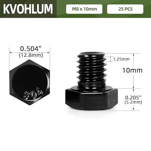 25 PCS M8 x 10mm Hex Head Screw Bolt, Stainless Hex Bolts, Full Thread, 18-8 Stainless Steel (304), Black Coating - size: M8 x 10mm
