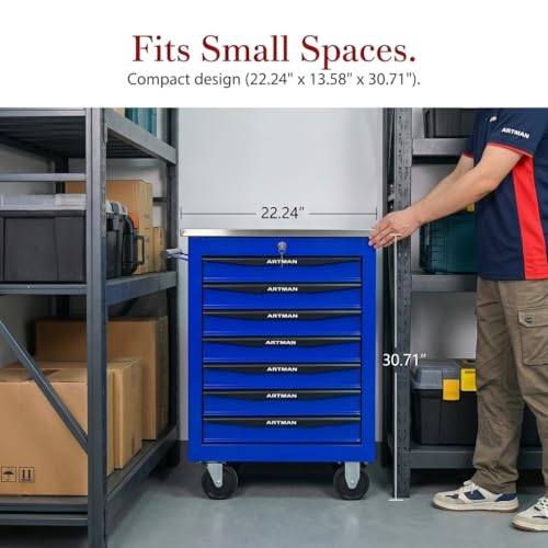 Rolling Tool Chest,Stainless Steel Worktop,Blue,7‑Drawer - color: Blue, size: 7-Drawers
