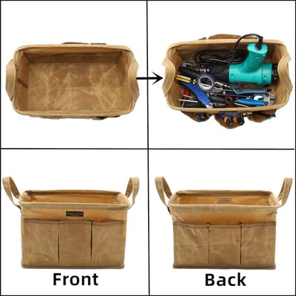 Heavy Duty 16oz Waxed Canvas Tool Bag, Rectangle Foldable Open Top Tool Bags with Handles,7 Pockets &13.8 x 7.8 x 7.8 Inches 3-Pack (Khaki) - color: Khaki