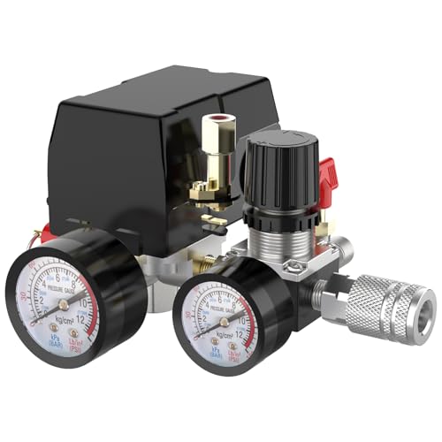 Air Compressor Pressure Switch Control Valve, cnaodun 90-120 PSI Air Compressor Switch Equips Four-Port Pressure Regulator Gauge 1/4 NPT Thread - style: 4-port 90-120PSI with Control Valve
