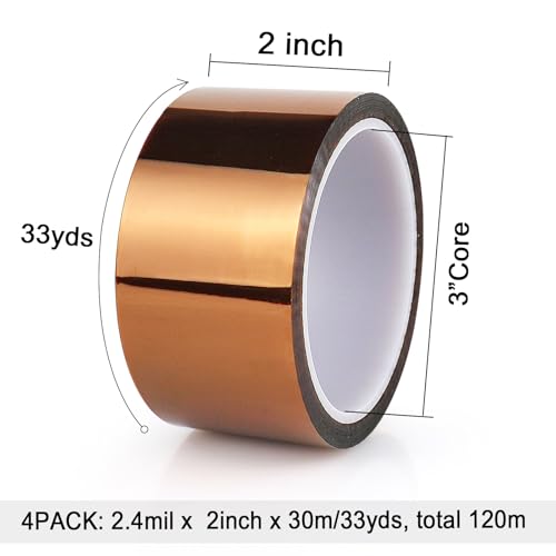 BOMEI PACK Heat Polyimide Tape 2inch, High Temperature Heat Resistant Tape Heat Transfer Tape for Sublimation Transfer, Masking, Soldering, Electrical, 3D Printer Application, 4Rolls x 30m, No Residue