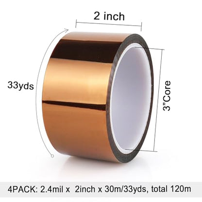 BOMEI PACK Heat Polyimide Tape 2inch, High Temperature Heat Resistant Tape Heat Transfer Tape for Sublimation Transfer, Masking, Soldering, Electrical, 3D Printer Application, 4Rolls x 30m, No Residue