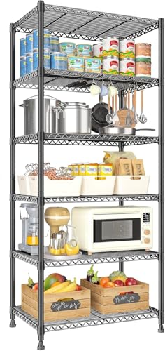 Storage Shelves - 6 Tier Metal Shelving Unit, 14" D × 30" W × 70" H - color: Black, size: 14"D X 30"W x 70"H, 6 Tier