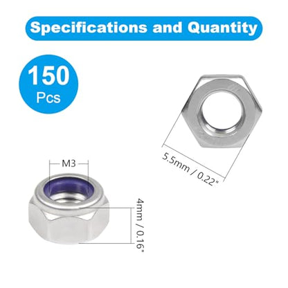150PCS M3 Locknuts M3x0.5mm Nylon Insert Hex Lock Nuts - size: M3x0.5mm;150 PCS