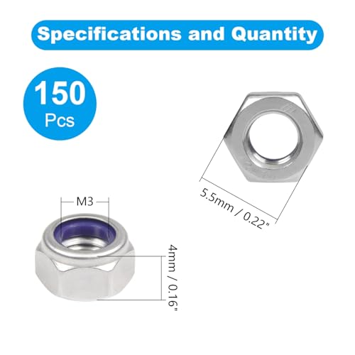 150PCS M3 Locknuts M3x0.5mm Nylon Insert Hex Lock Nuts - size: M3x0.5mm;150 PCS