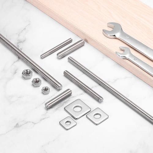 uxcell 3/8"-16 UNC Fully All Threaded Rod, 2 Pcs 304 Stainless Steel Long Threaded Screw 9.8" Length Right Hand Threads with Square Washers for Furniture Mounting Assembly Fastening - size: 9.8"