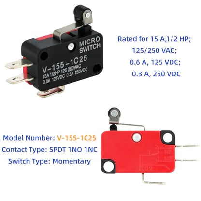 12 Pcs Micro Limit Switch with Short Hinge Roller Lever SPDT 1NO 1NC Microswitch V-155-1C25 - size: Short Hinge Roller Lever (V-155-1C25)