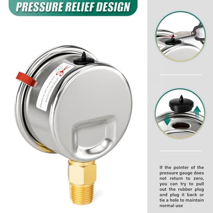 0-160Psi Stainless Steel Dry Low Pressure Gauge 1/4" NPT 2" Dual Scale Dial, Lower Mount, Waterproof for Water Oil Air Well Pump, Tire Gas Pressure Test (with Range Mark Pointer) - size: 0-160Psi, style: Lower Mount(1/4"NPT)
