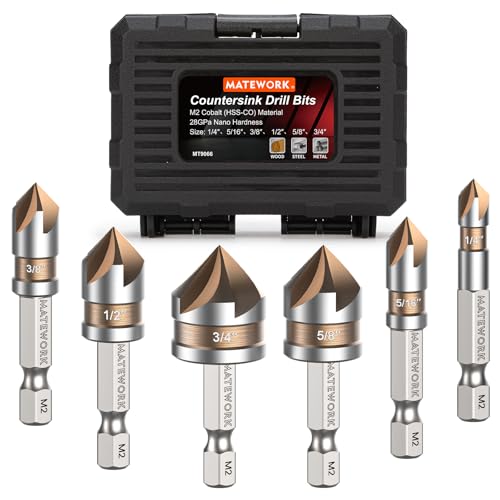 Matework 6Pcs Countersink Drill Bit Set, M2 Cobalt HSS 1/4" Hex Shank - size: M2 Cobalt