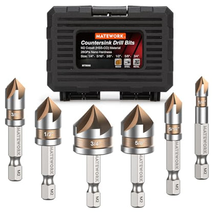 Matework 6Pcs Countersink Drill Bit Set, M2 Cobalt HSS 1/4" Hex Shank - size: M2 Cobalt