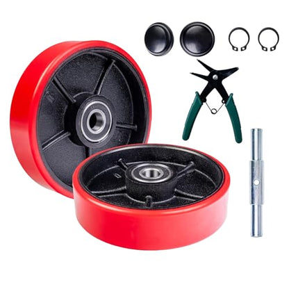 Pallet Jack Steering Wheels Replacement Set, 2 Pack 7" x 2" Steering Wheels with 20mm ID Bearings, Includes Axle, Fasteners, Protective Caps & Installation Tool for Hand Pallet Jack - size: 7" x 2"