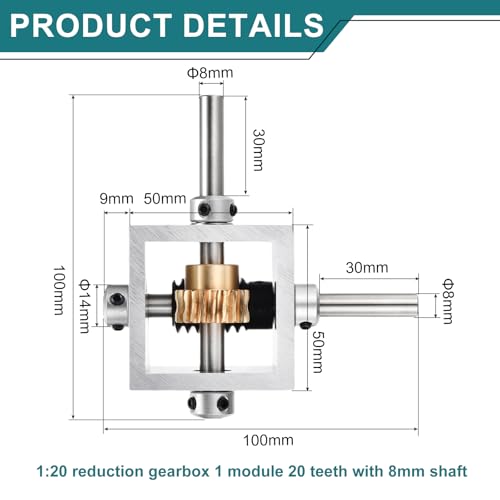 uxcell Gear Box 90 Degree Right Angle Worm Gearbox 1:20 Reduction Gearbox 1 Module 20 Teeth Worm Gear Aluminum Frame Simple Mechanical DIY Module with 8mm Shaft, 100x100x50mm(LxWxH) - size: 8mm Shaft, style: 1:20 Small
