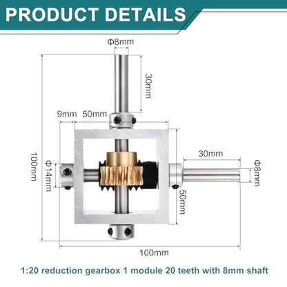 uxcell Gear Box 90 Degree Right Angle Worm Gearbox 1:20 Reduction Gearbox 1 Module 20 Teeth Worm Gear Aluminum Frame Simple Mechanical DIY Module with 8mm Shaft, 100x100x50mm(LxWxH) - size: 8mm Shaft, style: 1:20 Small