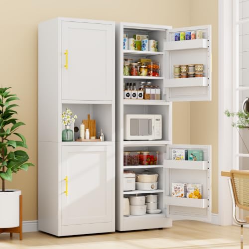 67" Freestanding Metal Pantry Cabinet, Tall Kitchen Food Storage Cupboard - color: White, size: 15.75"D x 19.68"W x 67"H